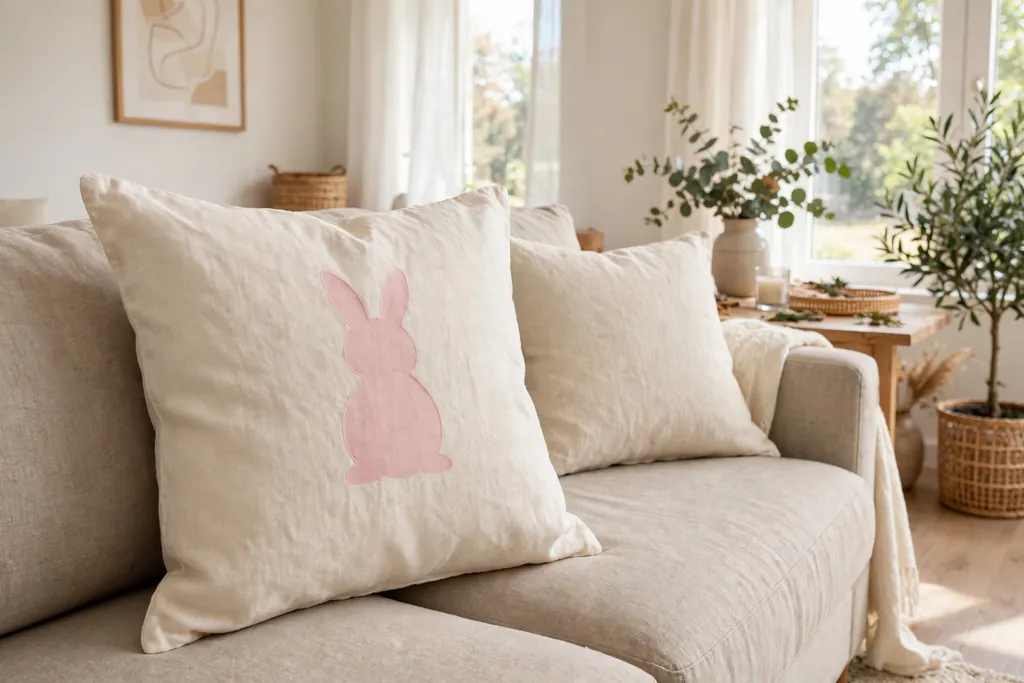 Cream linen pillow cover with a pastel pink bunny silhouette on a neutral sofa.