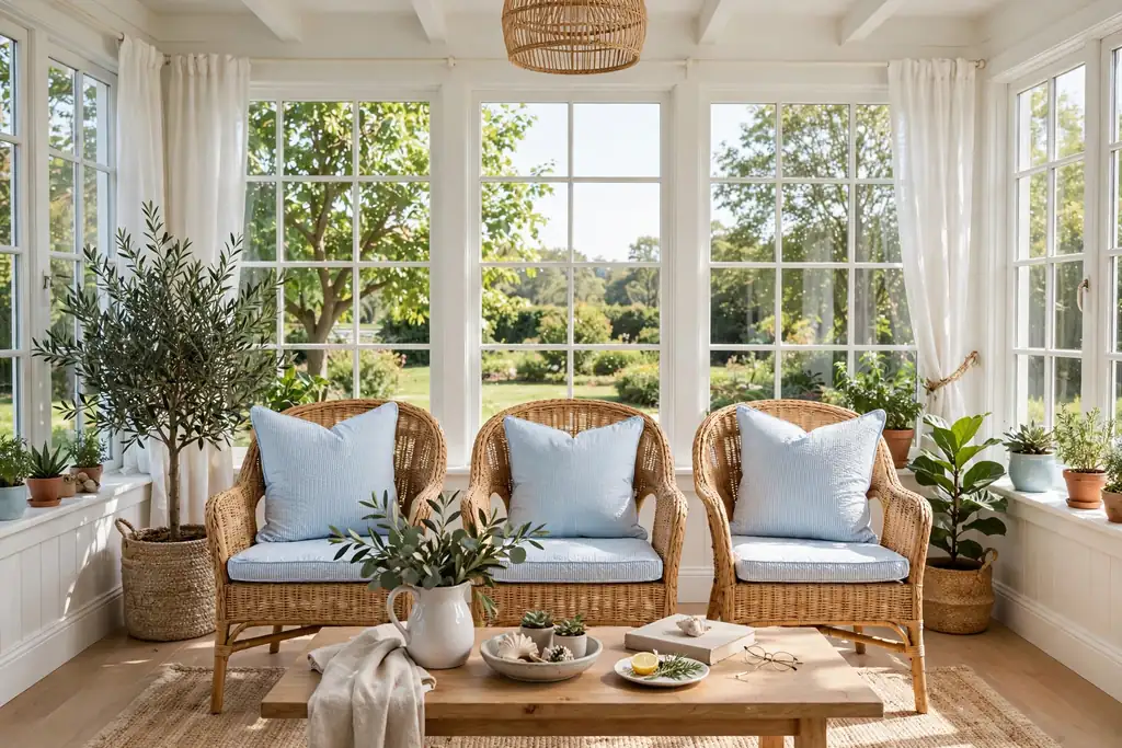 Pastel blue seersucker pillow covers on chairs in a bright sunroom.