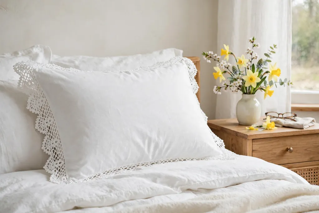 White pillow cover with a crochet lace edge on a bed with white bedding.