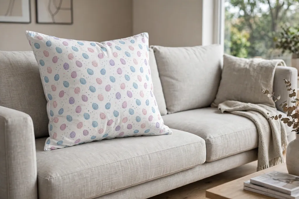 White pillow cover with a small speckled egg print in soft blue, pink, and lilac on a modern sofa.