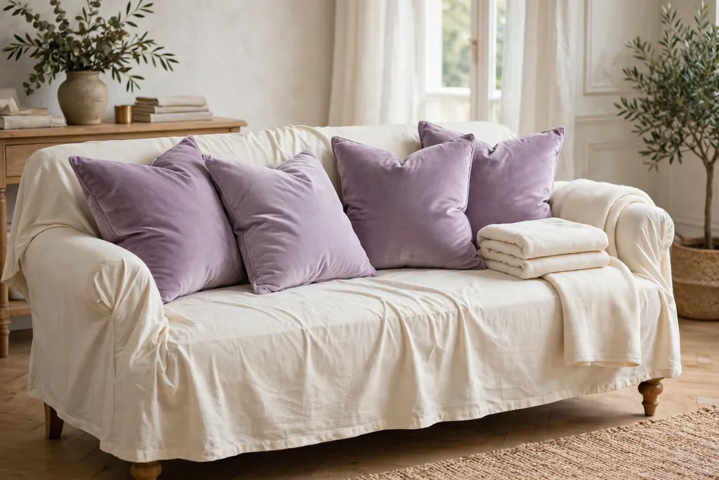 Soft lilac velvet pillow covers on an elegant sofa with cream covers beside them.
