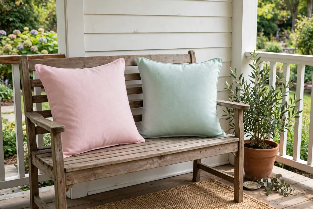 Pastel pink and mint outdoor pillow covers on a porch bench with a potted plant nearby.