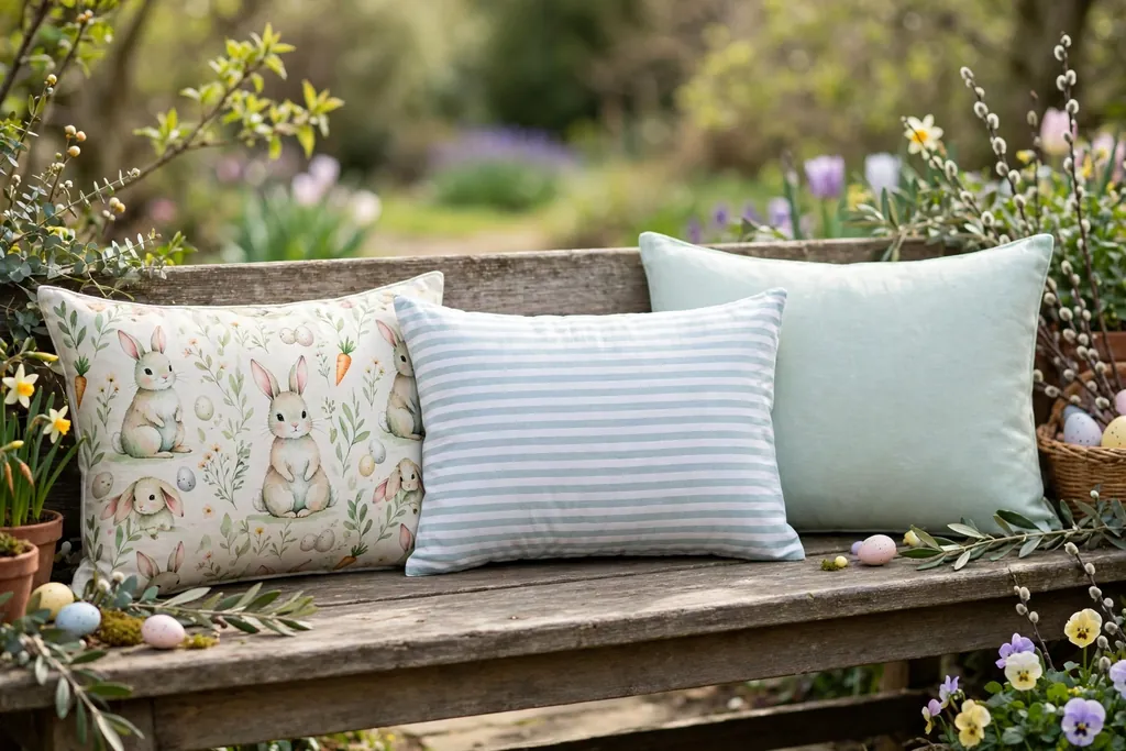 Mixed Easter lumbar pillow covers in a bunny print, a stripe, and a solid pastel on a long bench.