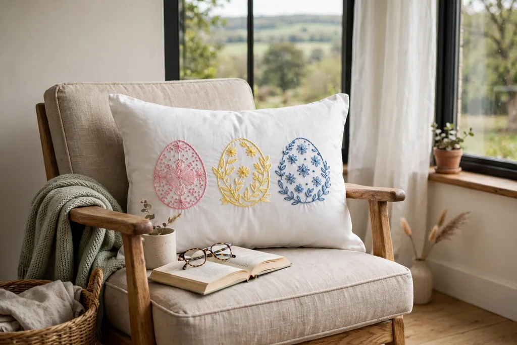 White pillow cover with embroidered pastel eggs in pink, yellow, and blue thread on a reading chair.