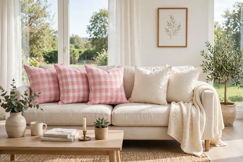 Pink gingham check pillow covers on a sofa with cream solid covers beside them.
