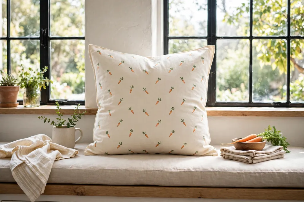 Cream cotton pillow cover with a small carrot print on a kitchen bench seat.