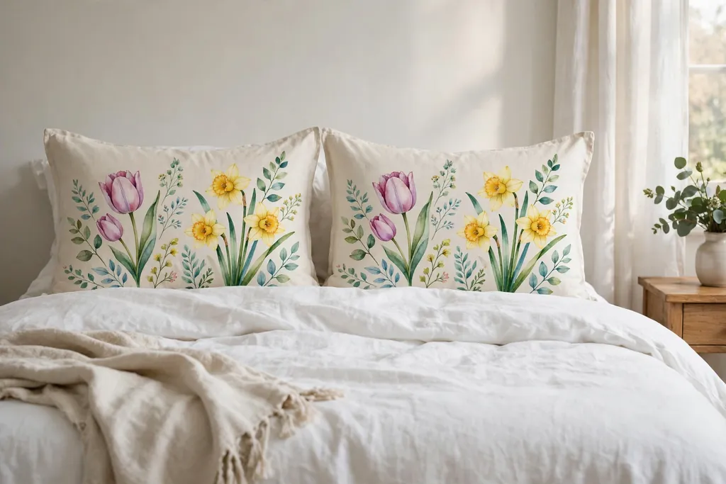 Pale pillow covers with a watercolor tulip and daffodil print on a bed with white bedding.