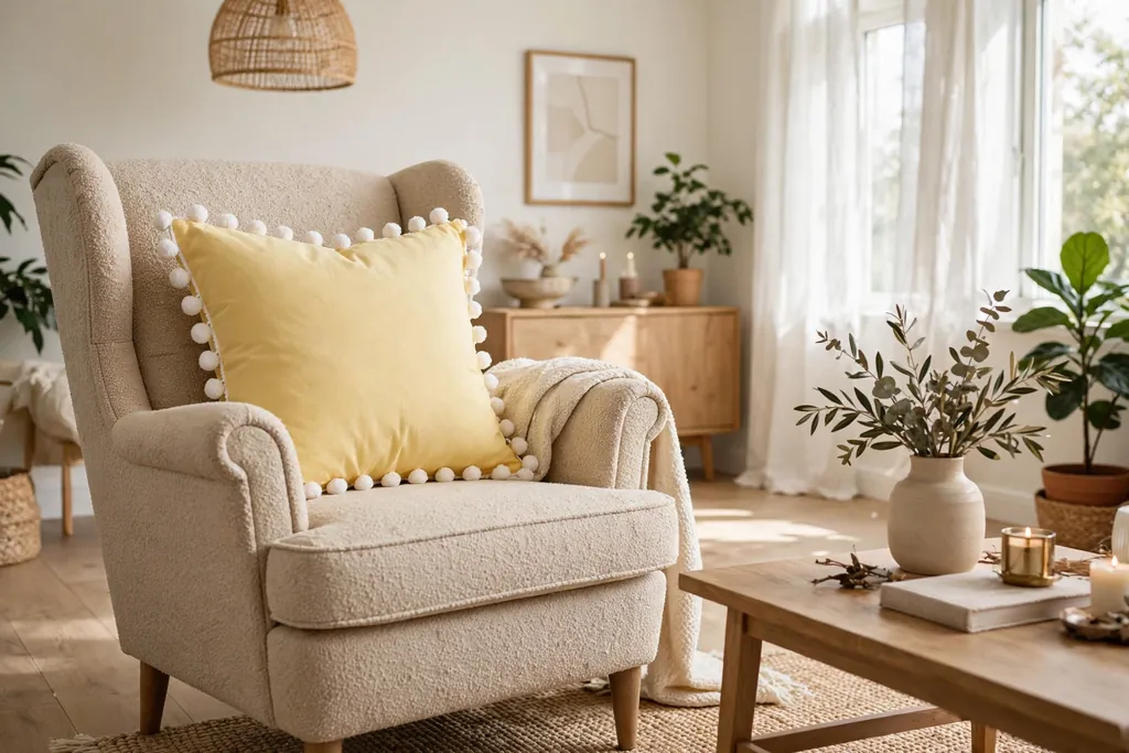 Butter yellow pillow cover with white pom pom trim on an armchair.