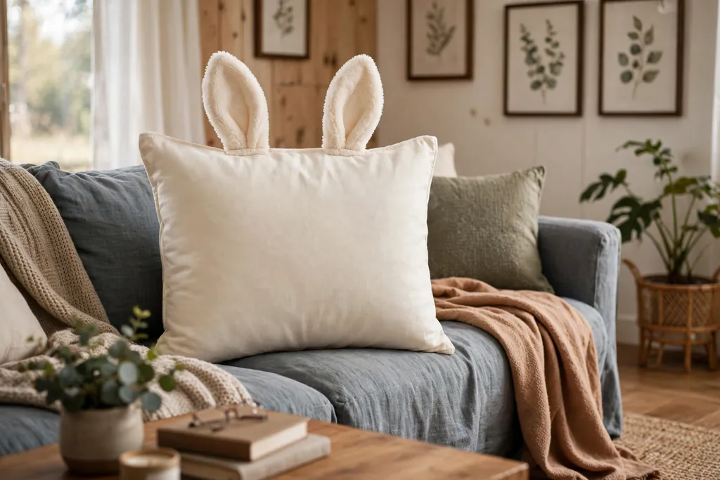Cream pillow cover with soft bunny ears sewn on the top edge, upright on a family room sofa.