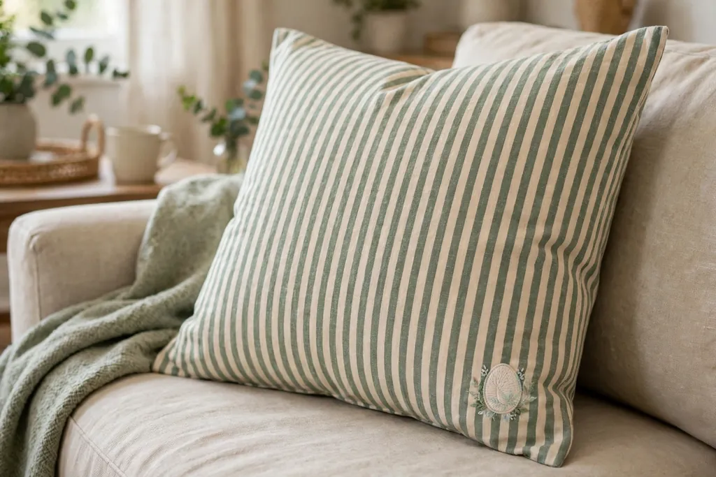 Sage and cream ticking stripe pillow cover with a small embroidered egg at one corner on a sofa.
