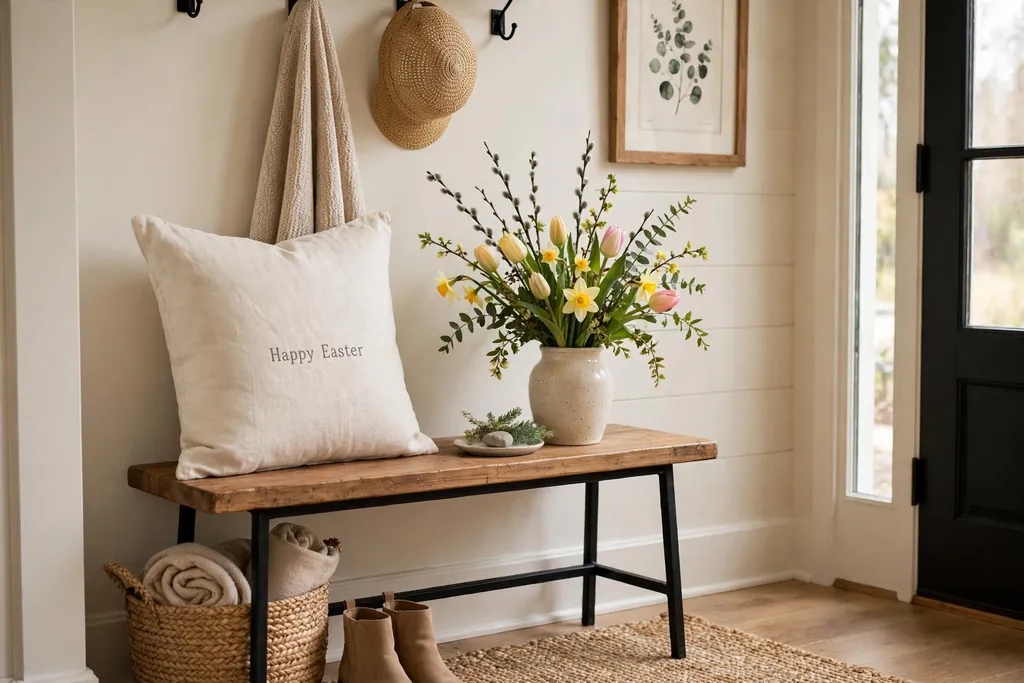 Cream pillow cover with small grey Happy Easter lettering on an entryway bench.