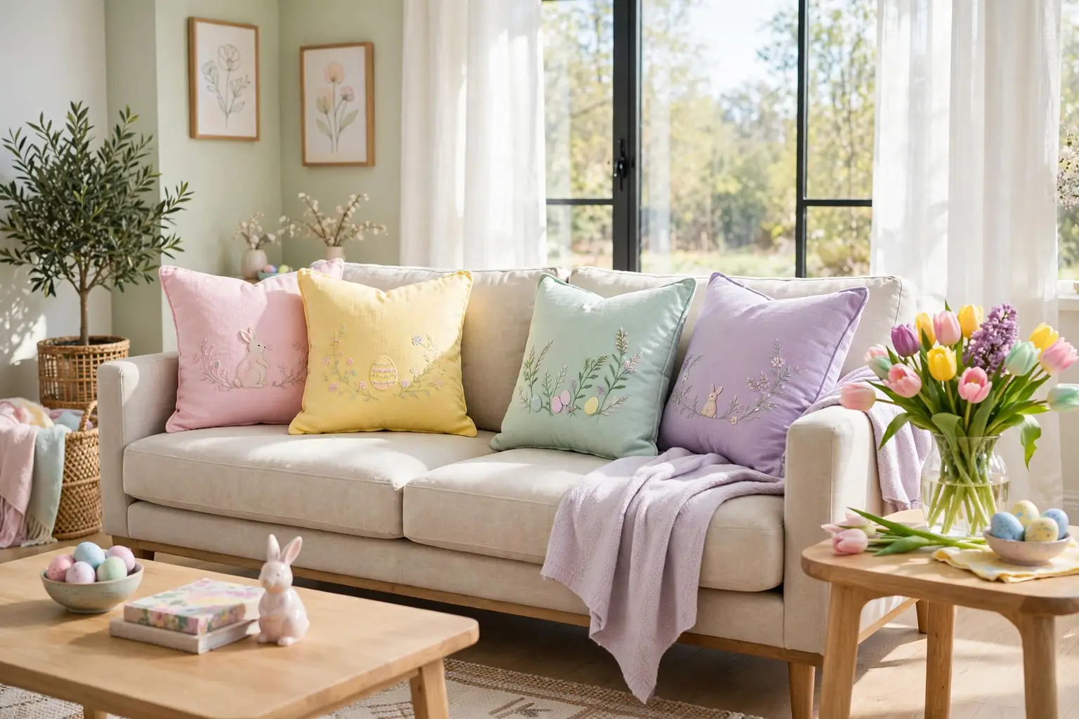 Bright living room sofa with pastel Easter pillow covers in pink, yellow, mint, and lilac, and a vase of spring tulips on a side table.