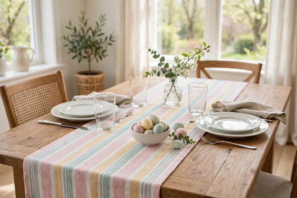 Pastel striped cotton Easter table runner with white plates and clear glasses.