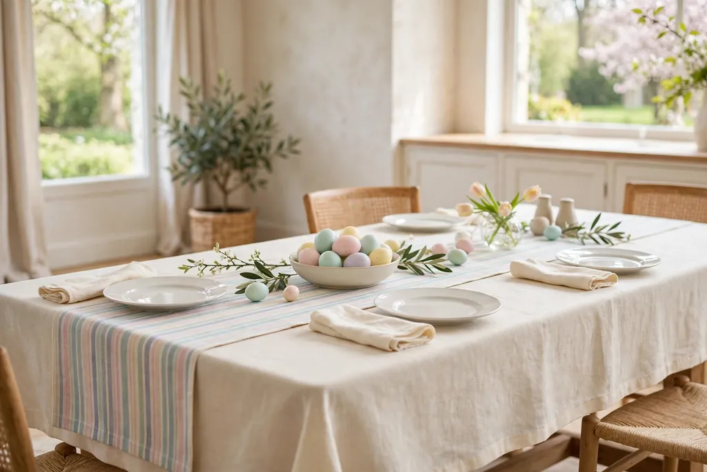 Cream tablecloth layered with a pastel striped Easter table runner.