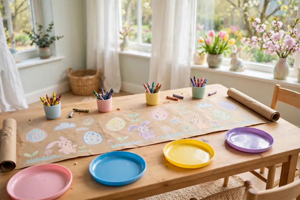 Kraft paper Easter table runner on a kids table with crayons and drawings.
