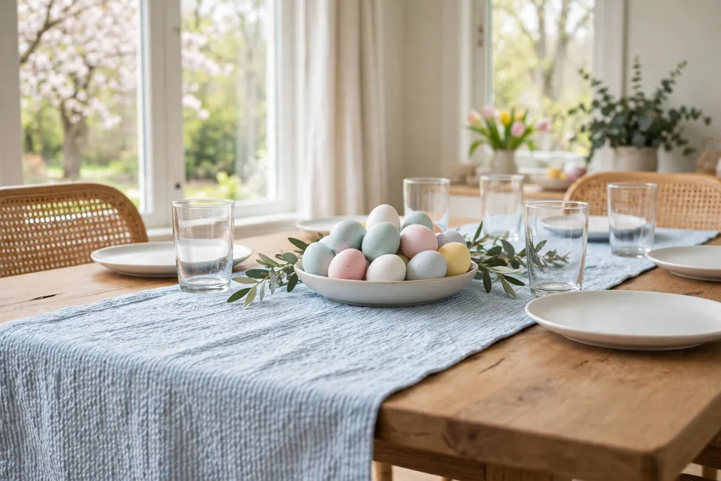 Light blue seersucker Easter table runner with white plates and pastel eggs.
