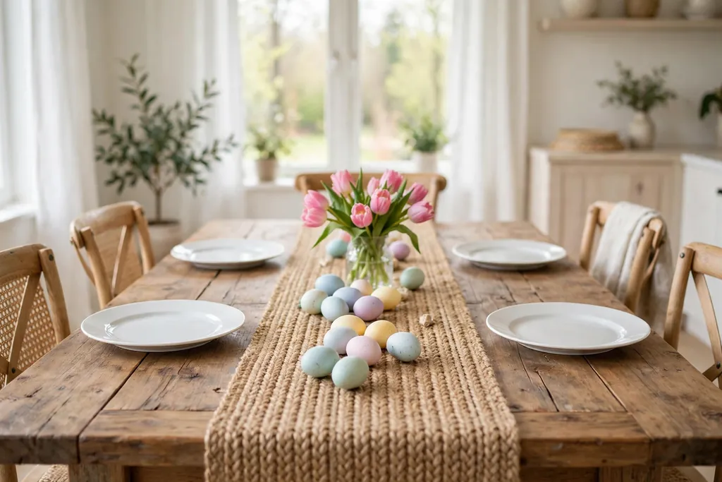 Woven jute Easter table runner with pastel eggs and a tulip posy.