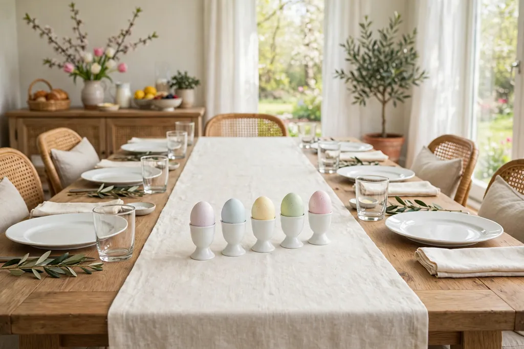 Cream Easter table runner with a row of egg cups holding pastel eggs.