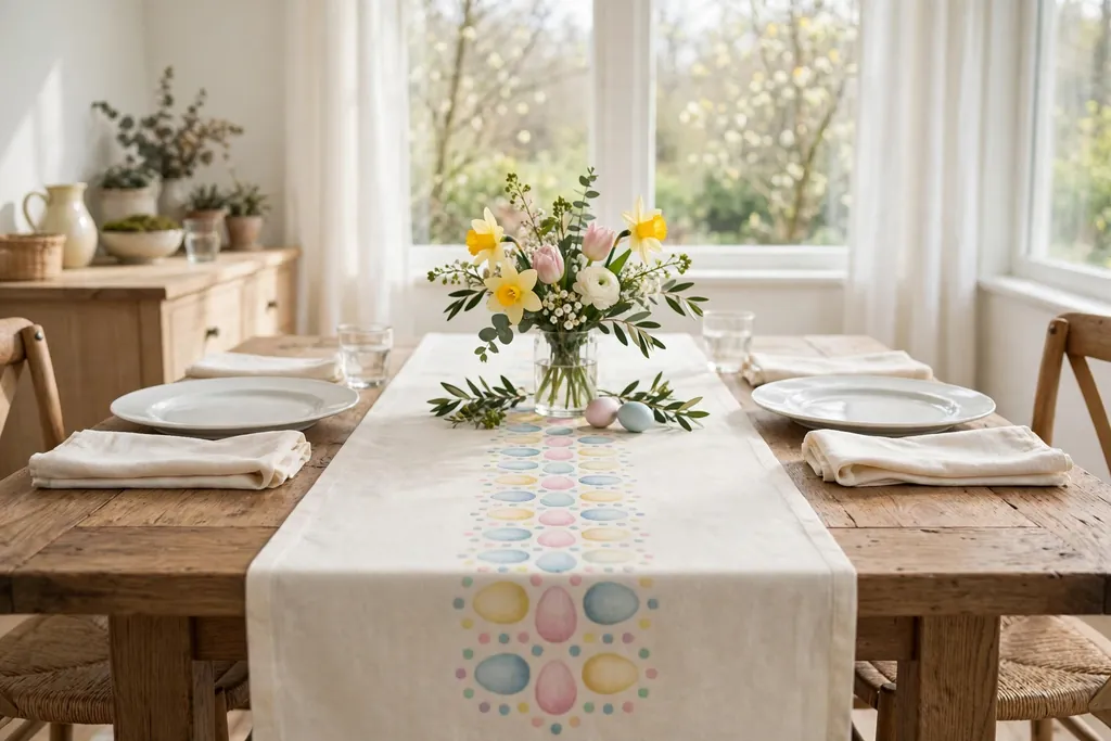 No sew stenciled Easter table runner with pastel eggs and dots.