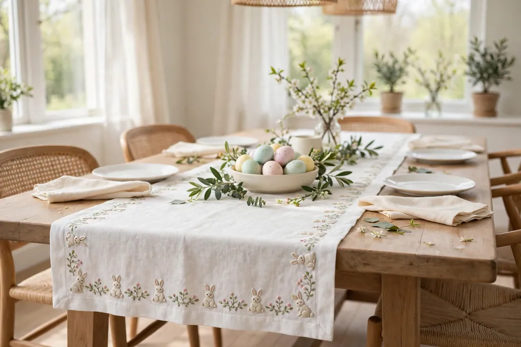 White linen Easter table runner with embroidered bunny border and cream napkins.
