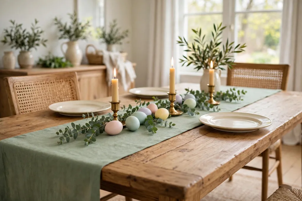 Sage green Easter table runner with eucalyptus sprigs and pastel eggs.