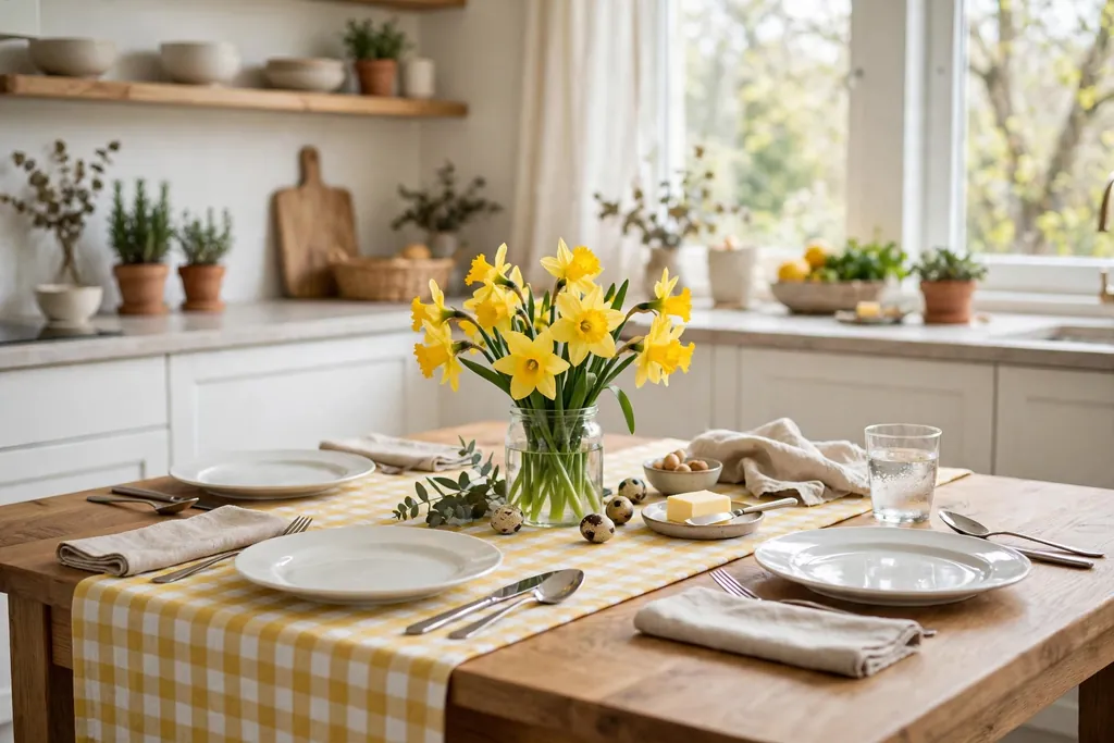 Yellow gingham Easter table runner with white plates and daffodils.