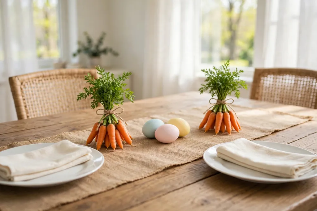 Natural burlap Easter table runner with mini carrot bundles and pastel eggs.