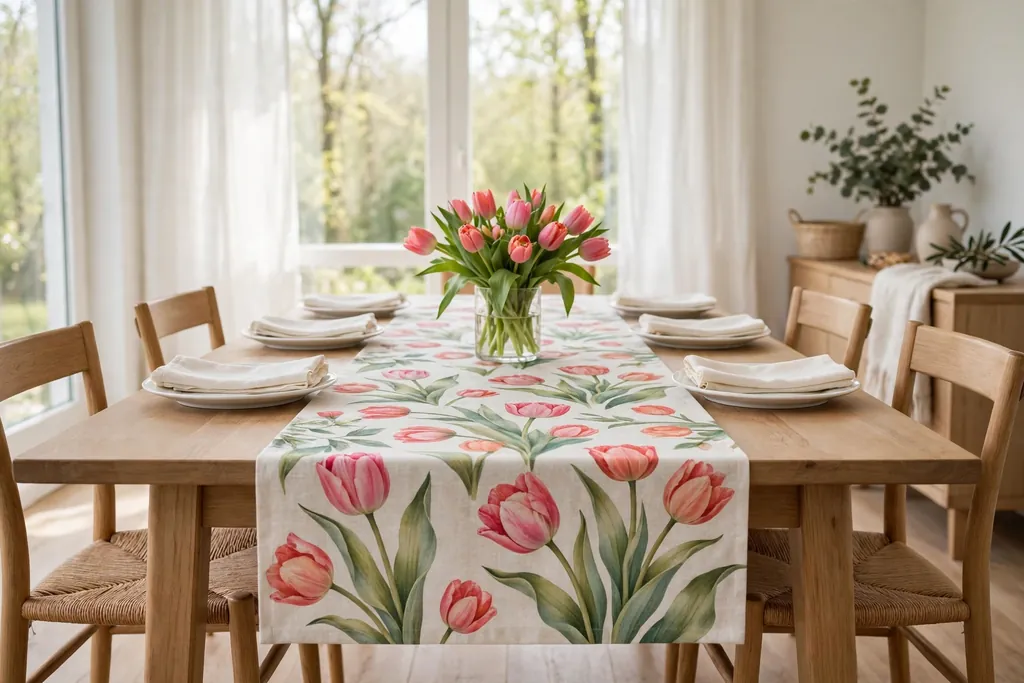 Floral tulip print Easter table runner with white plates and tulips.