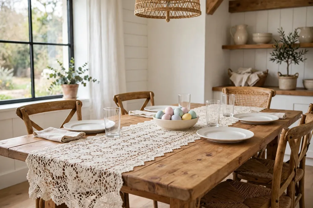 Cream lace Easter table runner on a wood table with pastel eggs.