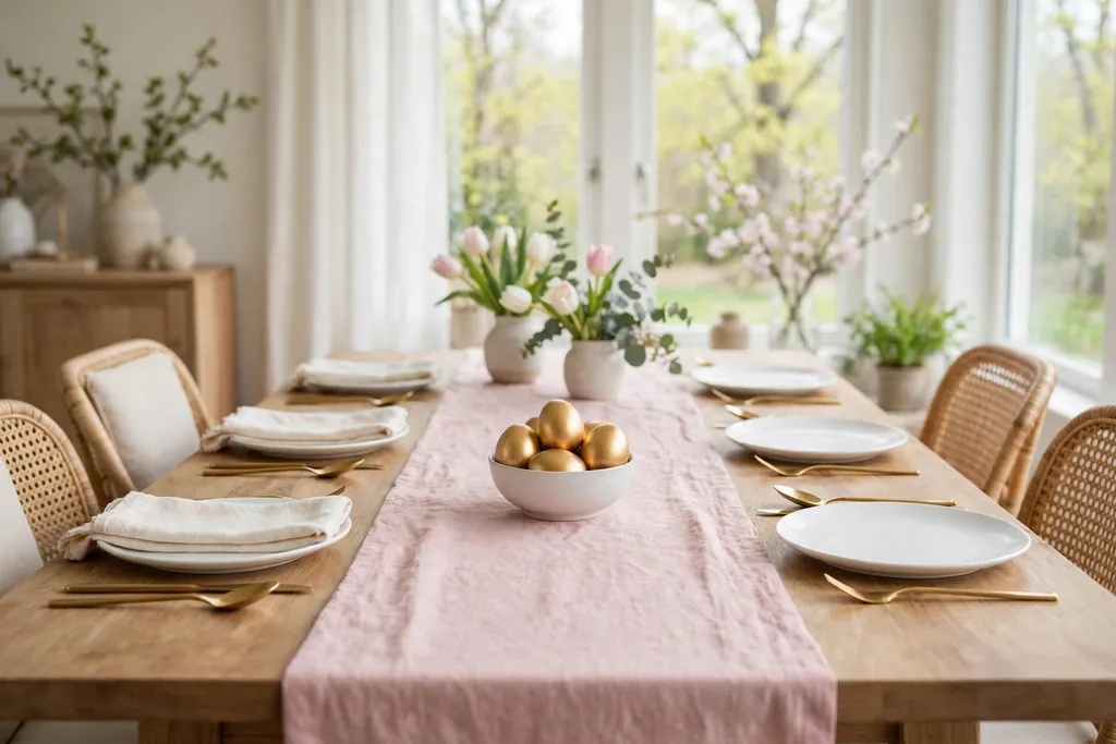 Soft pink Easter table runner with gold painted eggs and gold cutlery.