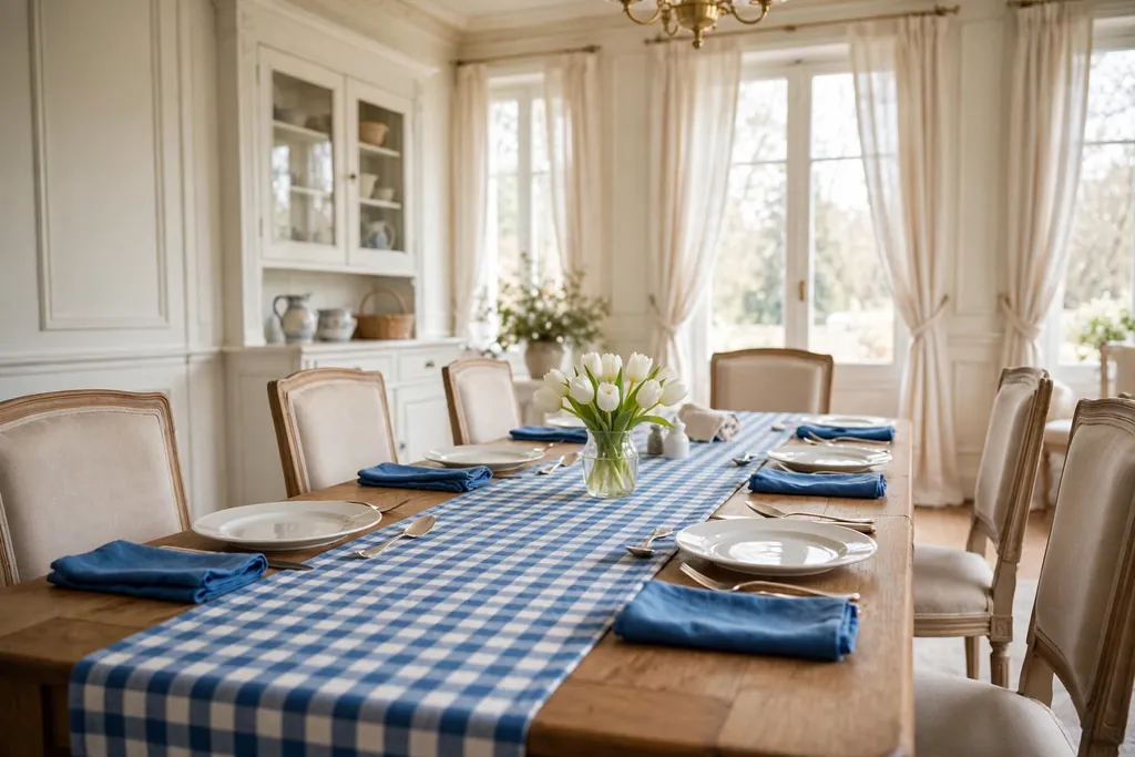 Blue and white checked Easter table runner with blue napkins and white tulips.