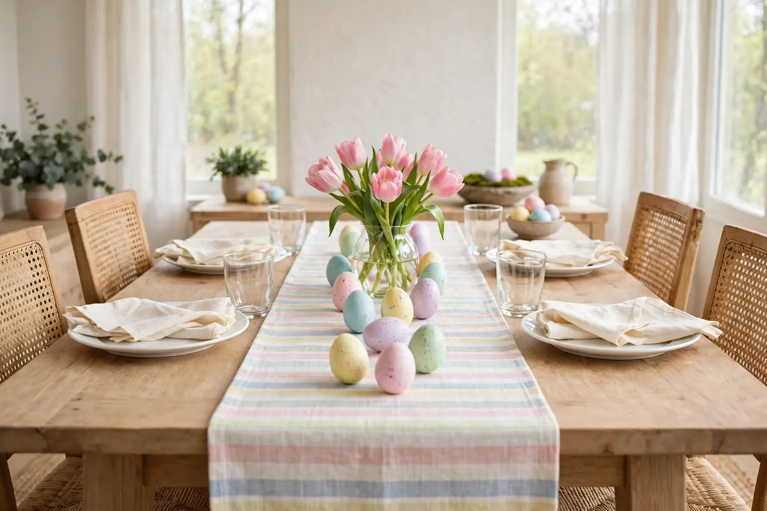 Easter dining table with a pastel striped table runner, white plates, tulips, and pastel eggs.