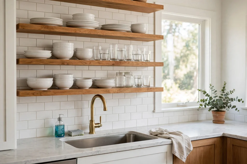Open wood shelves holding everyday white plates, bowls, and glasses near a kitchen sink.