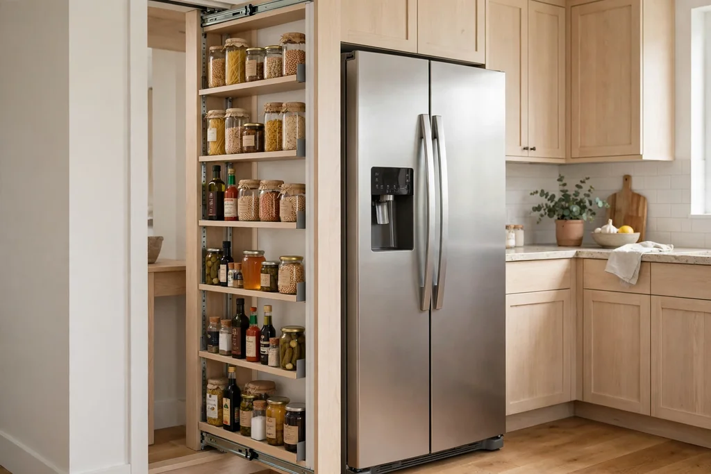 Slim tall pull-out pantry slid open beside a fridge with jars and bottles on its shelves.