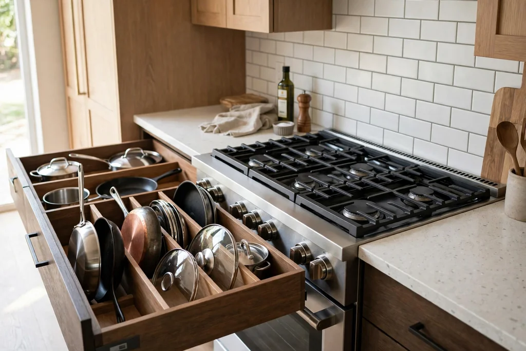 Deep kitchen drawers open beside a stove holding pots, pans, and lids in dividers.