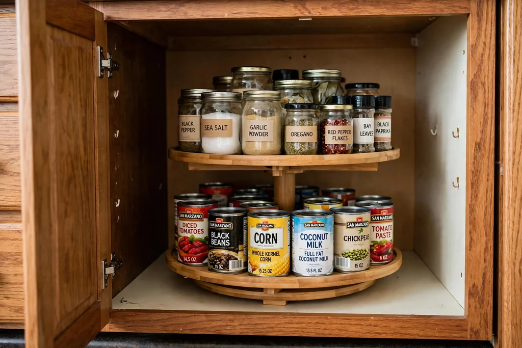 Two-tier turntable inside an open deep kitchen cabinet holding cans and jars.