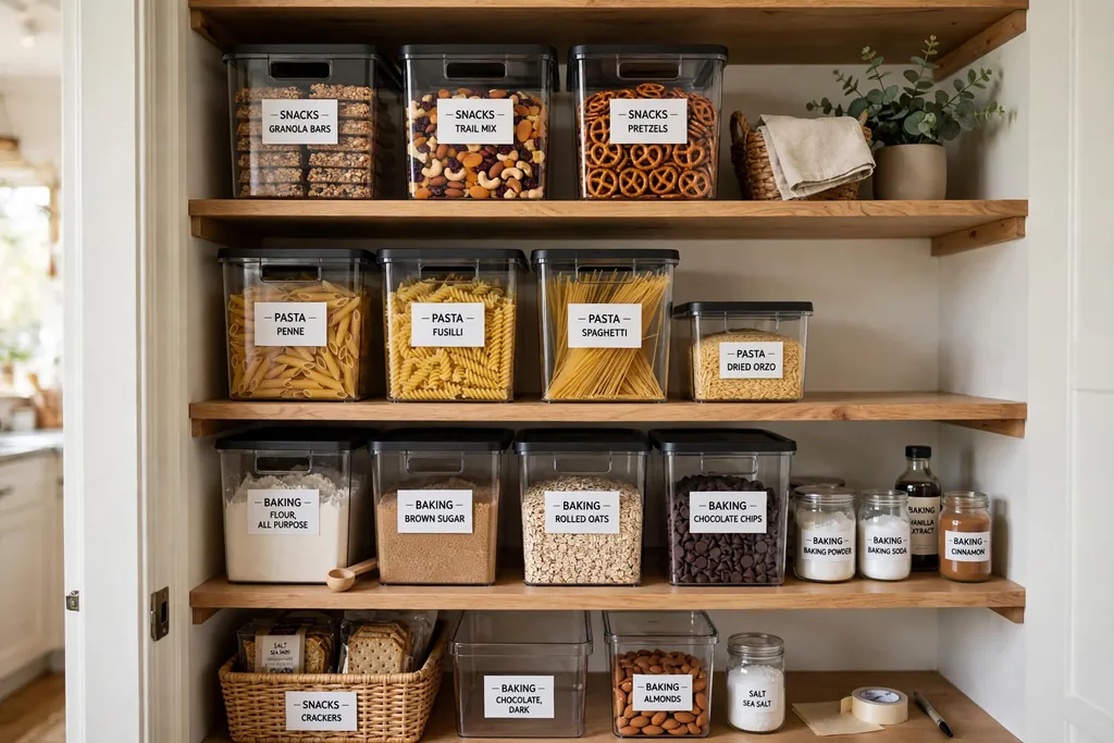 Neat pantry shelves with clear labelled bins holding snacks, pasta, and baking supplies.