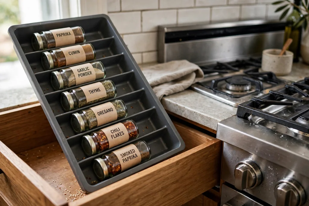 Open kitchen drawer with spice jars lying in a tilted insert with labels facing up.