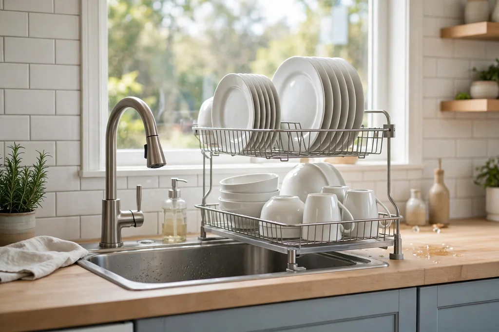 Over-sink dish rack holding clean white plates, bowls, and cups above a kitchen sink.