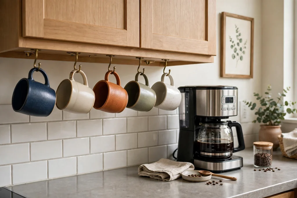 Coffee mugs hanging from hooks under a kitchen wall cabinet beside a coffee maker.