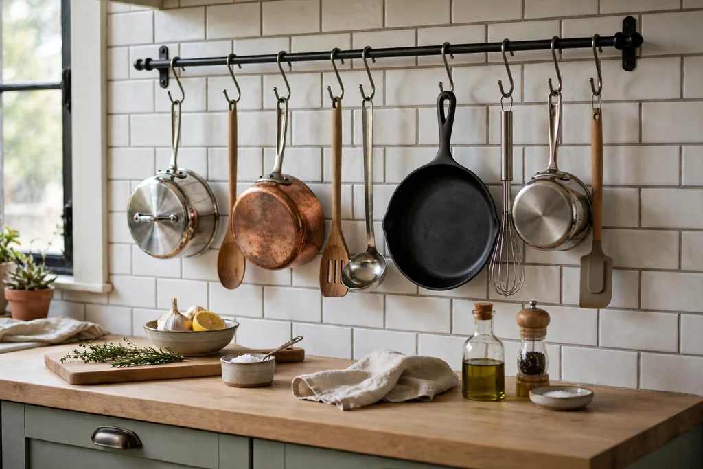 Kitchen wall pot rail with saucepans and utensils hanging on S-hooks above a counter.