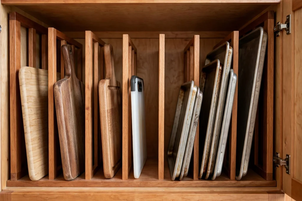 Cutting boards and baking trays stored upright in vertical dividers inside a kitchen cabinet.