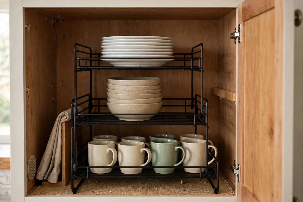 Stackable shelf risers inside a kitchen cabinet holding plates, bowls, and mugs.