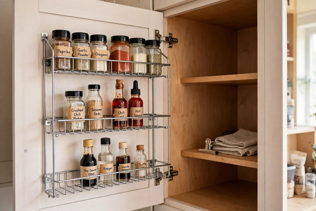 Wire rack mounted on the inside of an open kitchen cabinet door holding spice jars.
