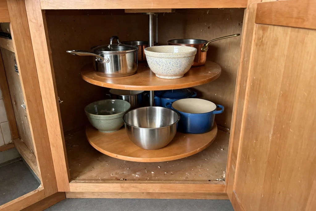 Round two-tier turntable shelves inside an open corner base cabinet holding pots and bowls.