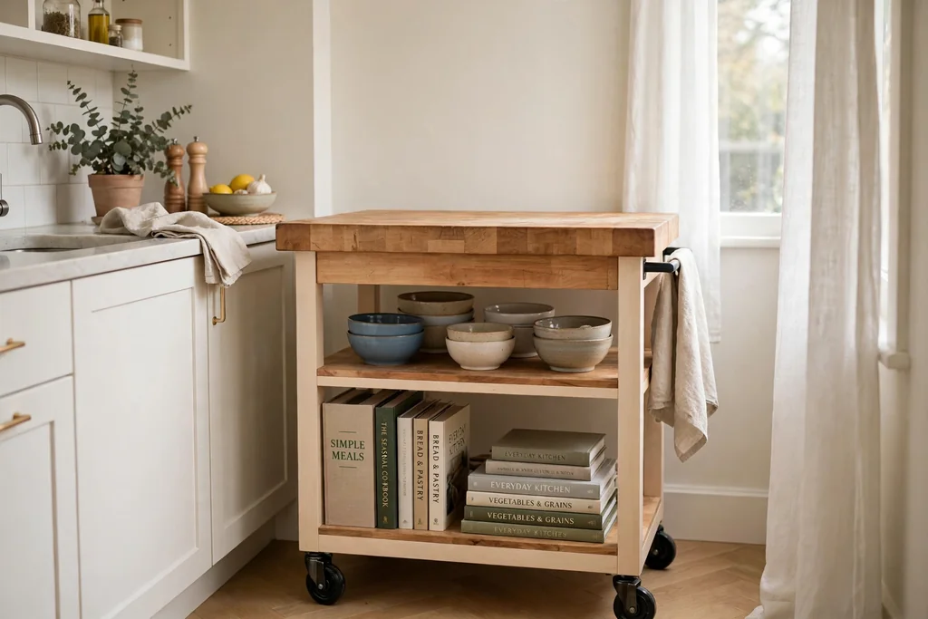 Rolling kitchen island cart with a butcher block top and shelves below in a small kitchen.