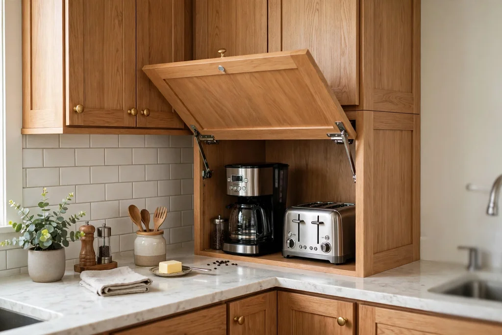 Counter corner appliance garage with a lift-up door open over a coffee maker and toaster.