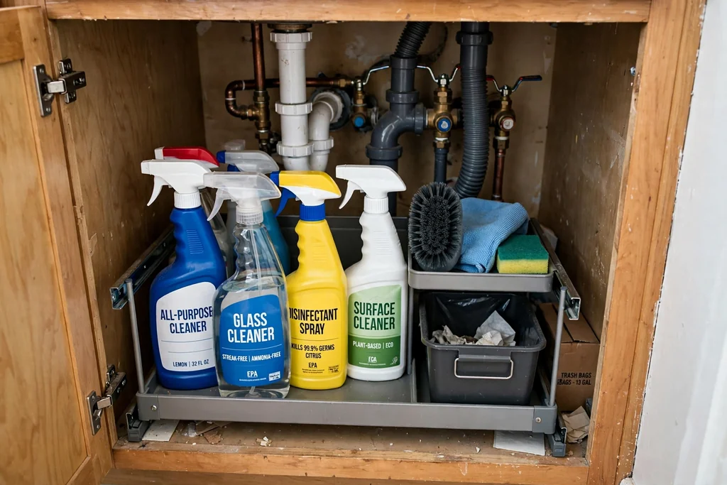 Under-sink kitchen cabinet with a pull-out caddy holding cleaning sprays and a small bin.