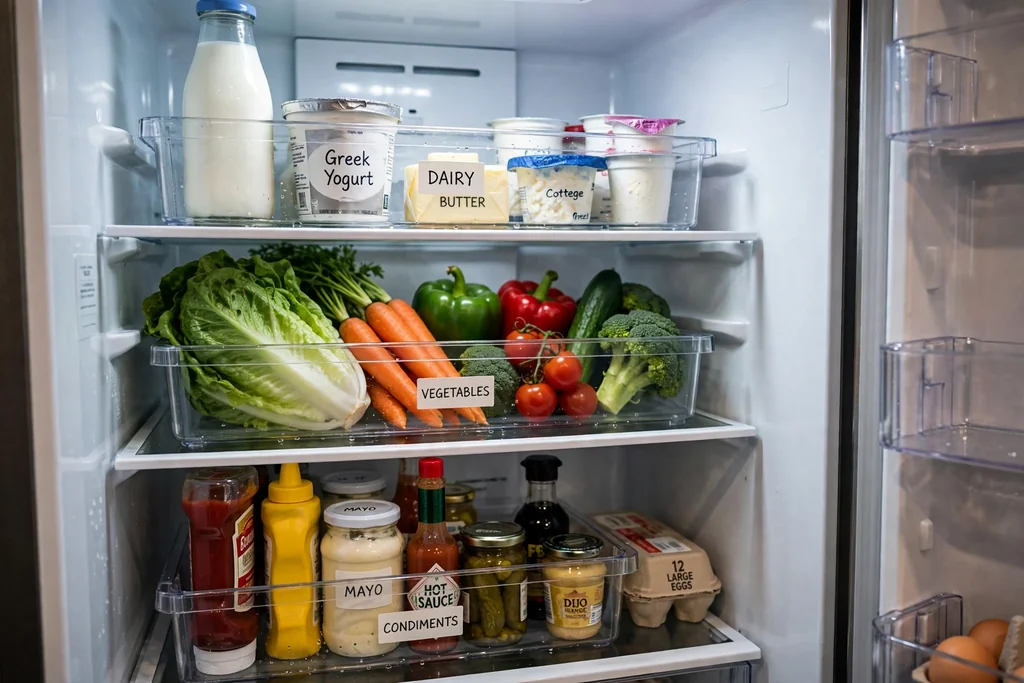 Open fridge with clear bins organizing vegetables, dairy, and condiments on shelves.