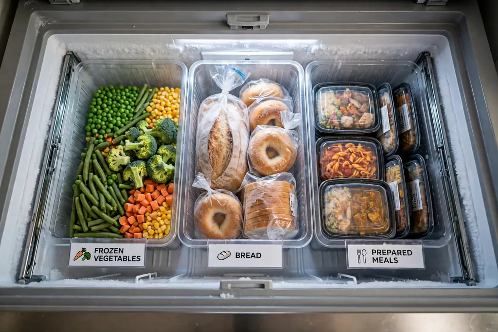 Open freezer drawer with labelled bins holding frozen vegetables, bread, and prepared meals.